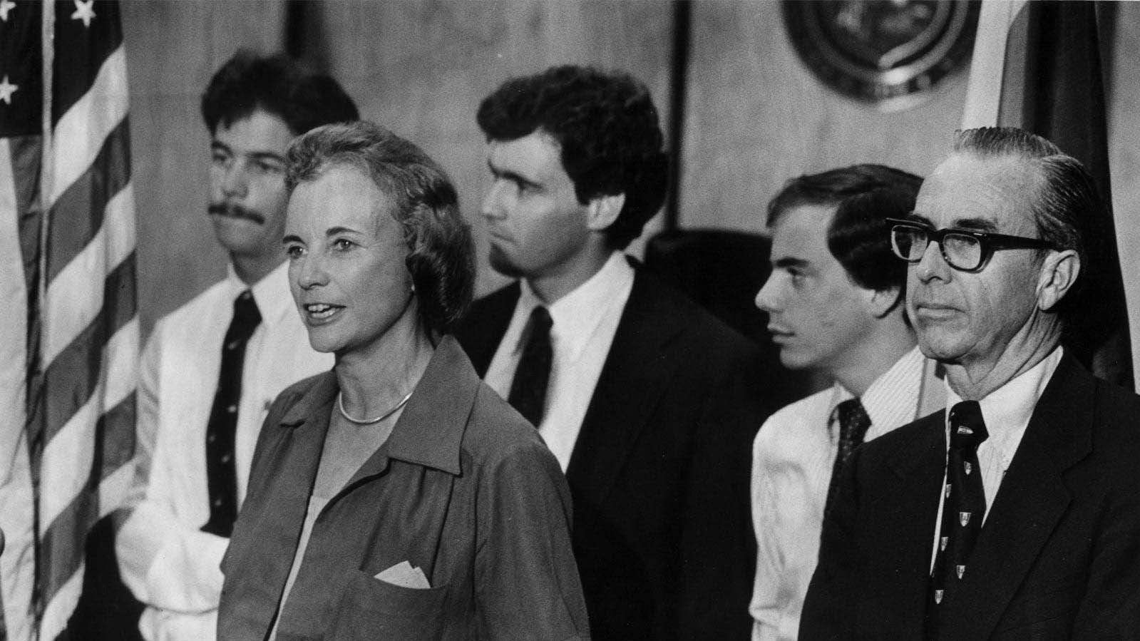 Sandra Day O'Connor with, from left, sons Brian, Scott and Jay, and her husband, John Jay O'Connor lll, in Phoenix on July 7, 1981, after President Ronald Reagan nominated her to the U.S. Supreme Court.