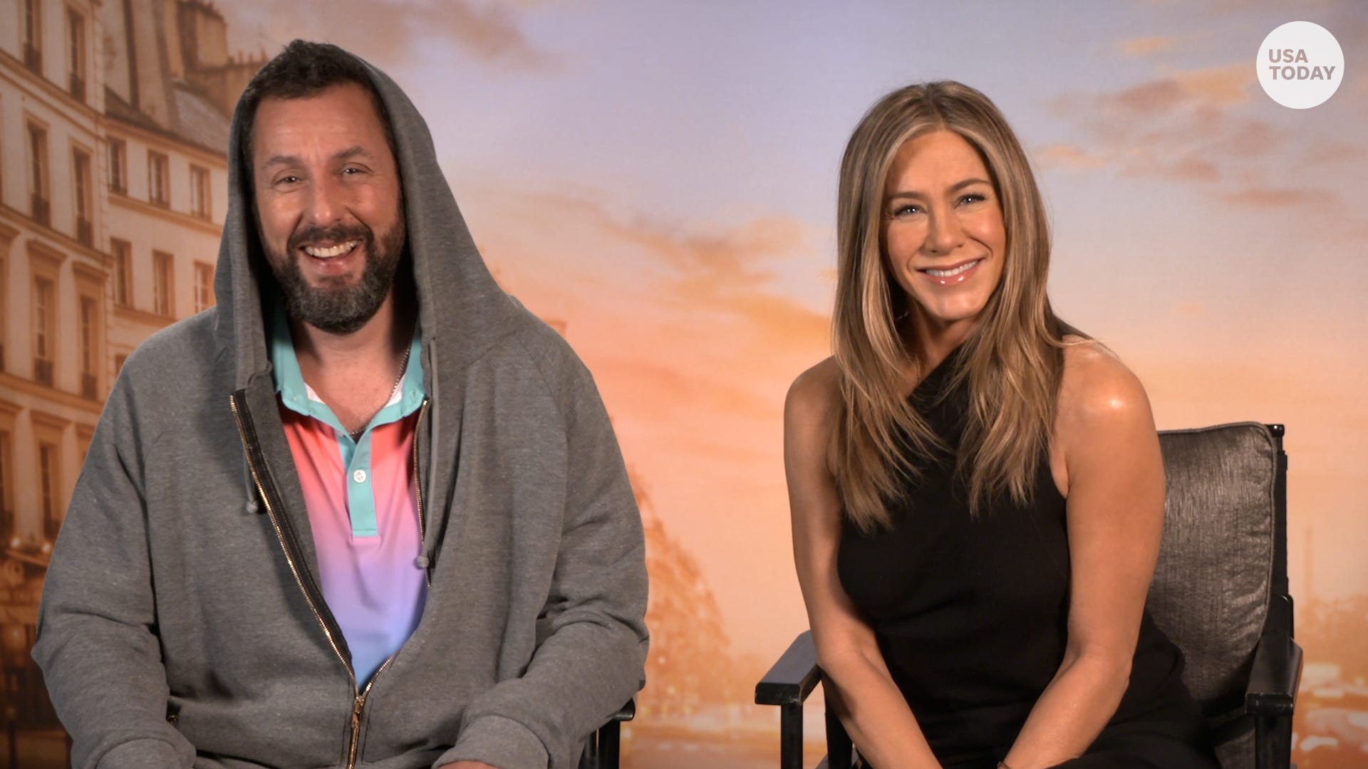 Watch Jennifer Aniston walk out on Adam Sandler while promoting 'Murder Mystery 2'