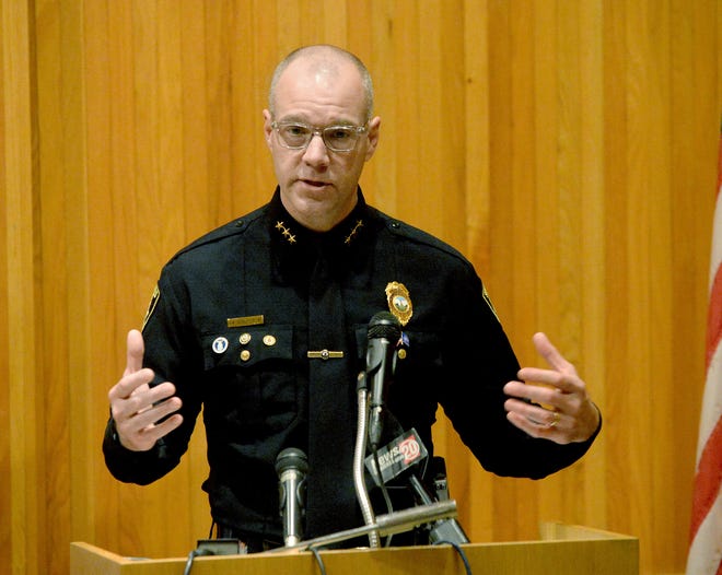 Springfield Police Chief Ken Scarlett, who attended a March 2023 press conference, returned to duty last Tuesday after undergoing prostate cancer surgery in St. Louis.
