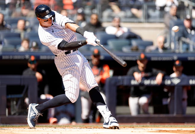 Aaron Judge hit 62 home runs last season. He hit his first of 2023 in his first at-bat against Giants right-hander Logan Webb.