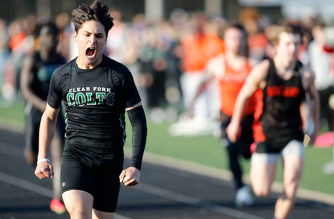 Clear Fork's Joe Stupka has turned into a terror on the track this season and is only getting better. Here he reacts after winning the 100-meter dash at the Madison Track Invitational at Madison Comprehensive High School on March 30, 2023.