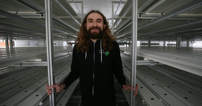 Clayton Mooney, co-founder of Clayton Farms and Clayton Farms Salads, poses amid the five-tier racks where lettuce and microgreens will be grown for the salad and smoothie restaurant, which opened Friday.