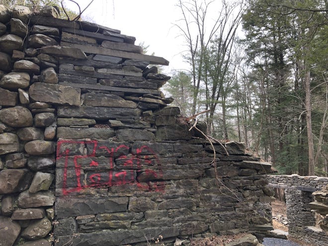Red graffiti featuring the names Tara and Anthony was found at Childs Park in Delaware Water Gap National Recreation Area in March 2023.
