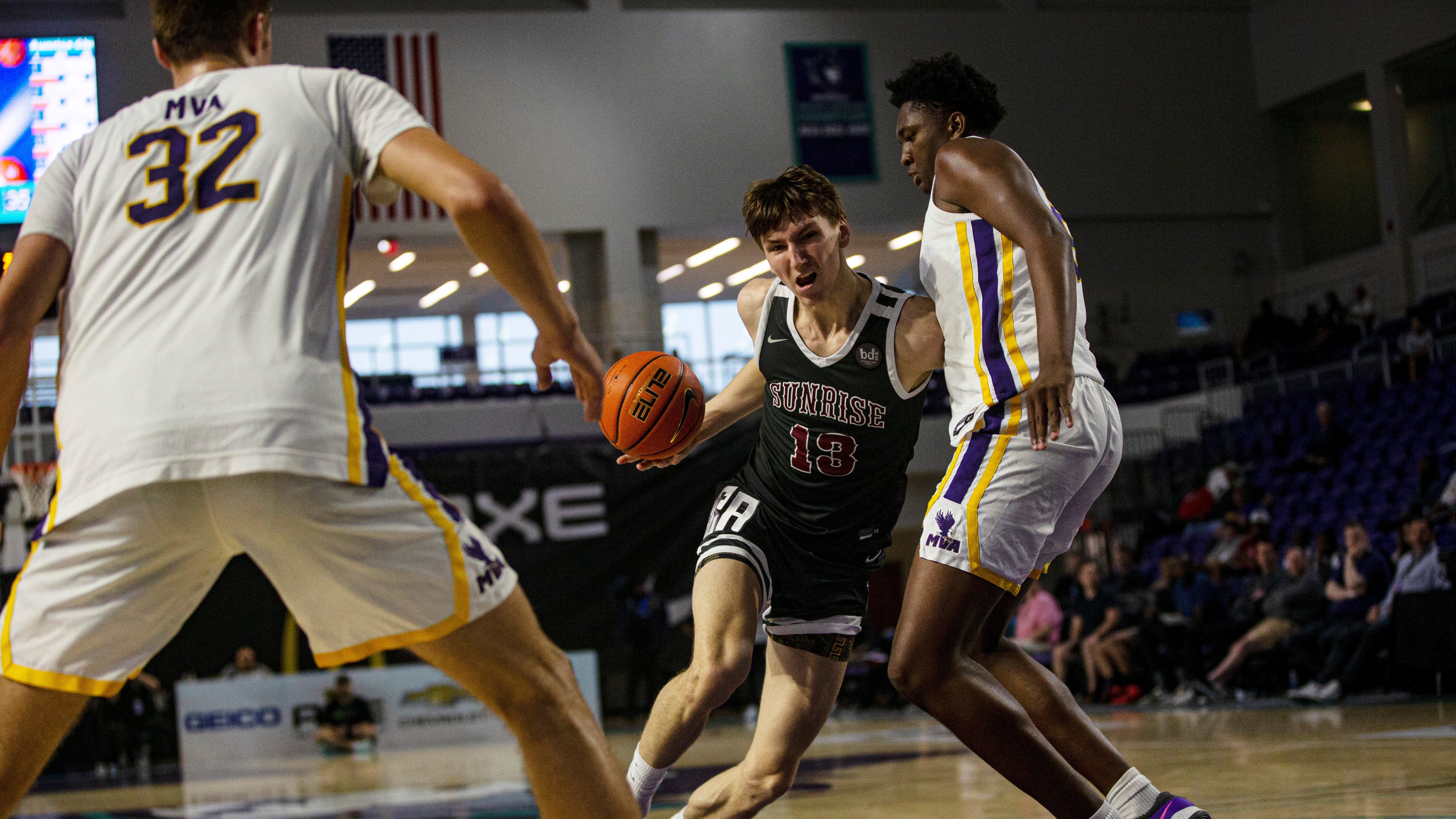 Matas Buzelis from Sunrise Christian Academy drives to the basket during the GEICO High School Nationals quarterfinal against Montverde at Suncoast Credit Union Arena on Thursday, March 30, 2023.