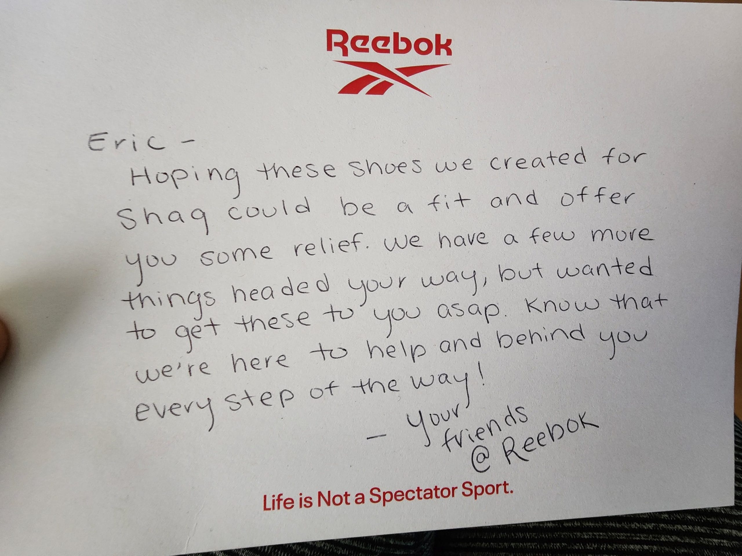 A letter to Eric Kilburn from Reebok that arrived with multiple pairs of size 22 shoes on March 30, 2023 to his home in Goodrich.