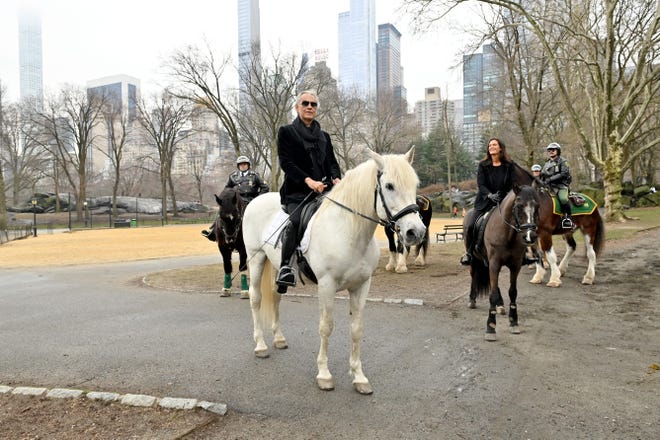 NEW YORK, NEW YORK - MARCH 23: Andrea Bocelli and Veronica Berti Bocelli arrive in New York City on horseback to celebrate Trinity Broadcasting Networks premiere of "THE JOURNEY: A Music Special from Andrea Bocelli."