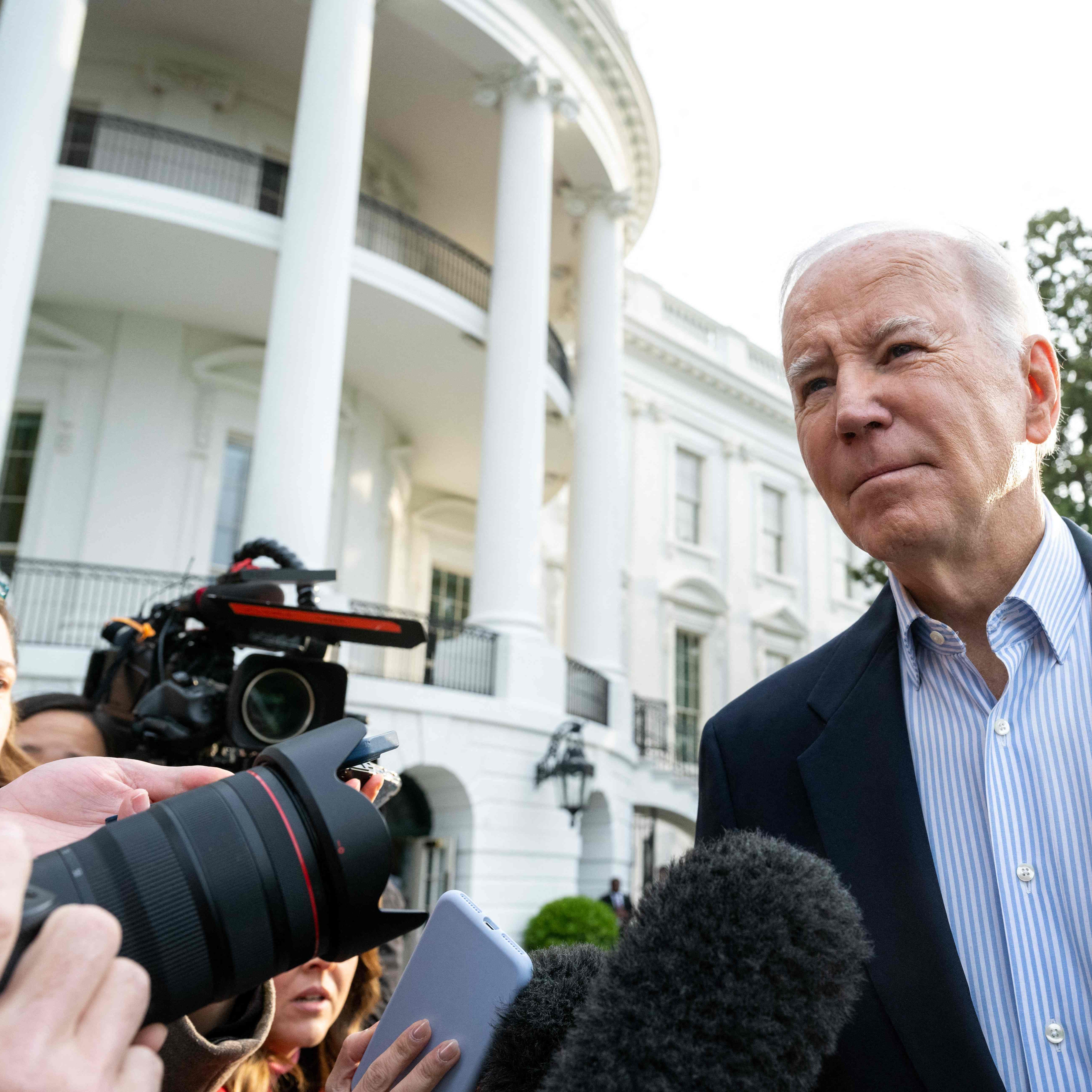 US President Joe Biden speaks to the media as he walks to Marine One prior to departure from the South Lawn of the White House in Washington, DC, March 31, 2023, as he travels to Mississippi to view tornado damage before going to Delaware for the weekend. (Photo by SAUL LOEB / AFP) (Photo by SAUL LOEB/AFP via Getty Images) ORIG FILE ID: AFP_33CE6CA.jpg