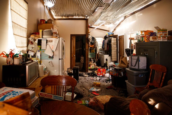 The inside of the a home in Grinders Creek, Tenn. on Mar. 31, 2023. The owners were not home when the tornado struck their home however, both bedrooms were completely destroyed.
