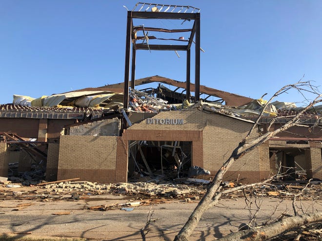 Wynne High school is damaged from Friday's severe weather in Wynne, Ark., on Saturday, April 1, 2023. Unrelenting tornadoes that tore through parts of the South and Midwest that shredded homes and shopping centers. (AP Photo/Adrian Sainz)