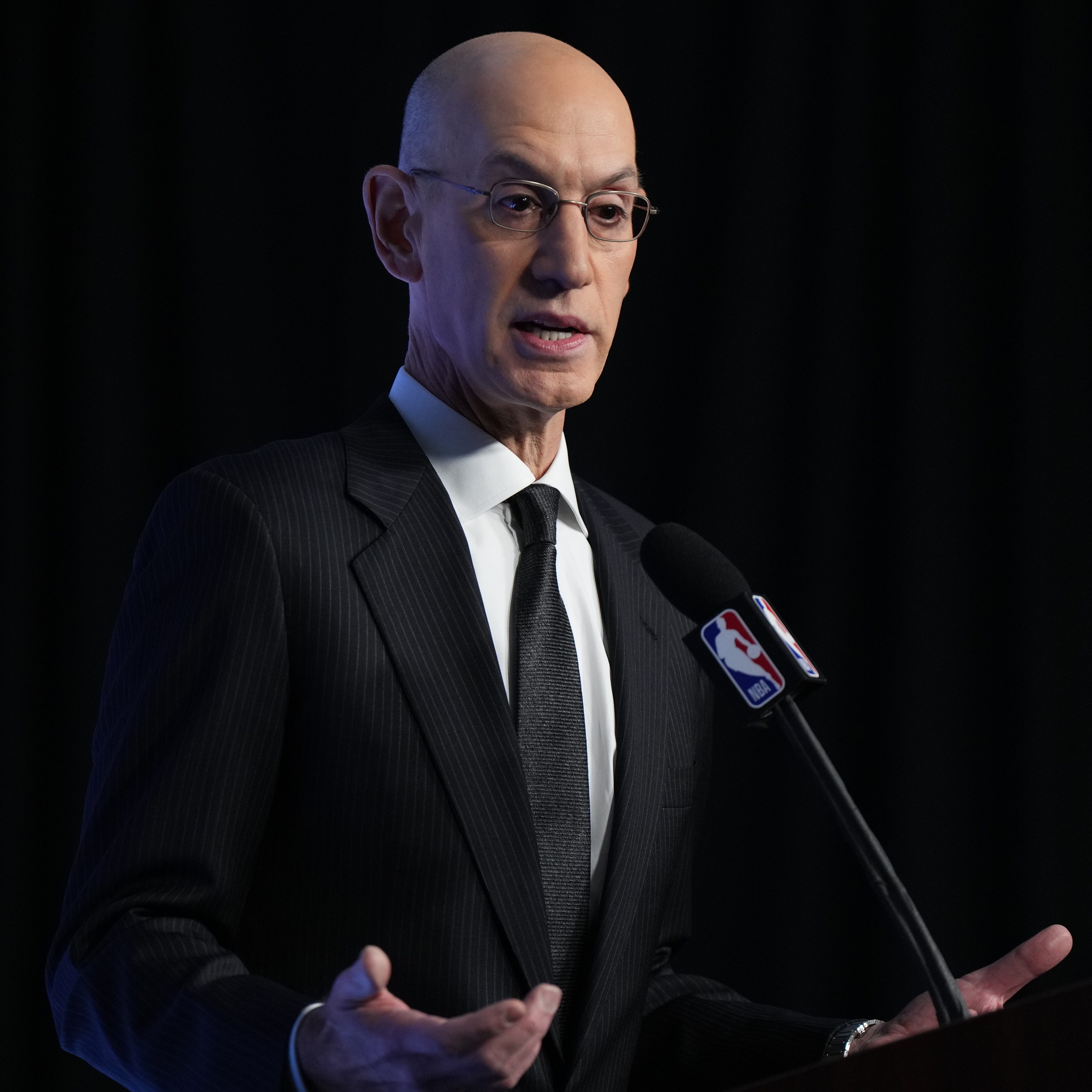 NBA commissioner Adam Silver speaks in a press conference during the 2023 All- Star Saturday Night event at Vivint Arena in Salt Lake City, Utah.