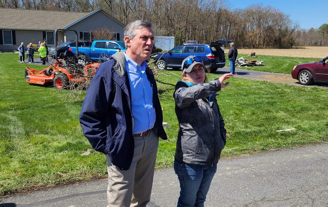 On Sunday, April 2, Governor John Carney toured areas of Sussex County impacted by a tornado the day before. The home of Staci Warrington, right, was completely destroyed.