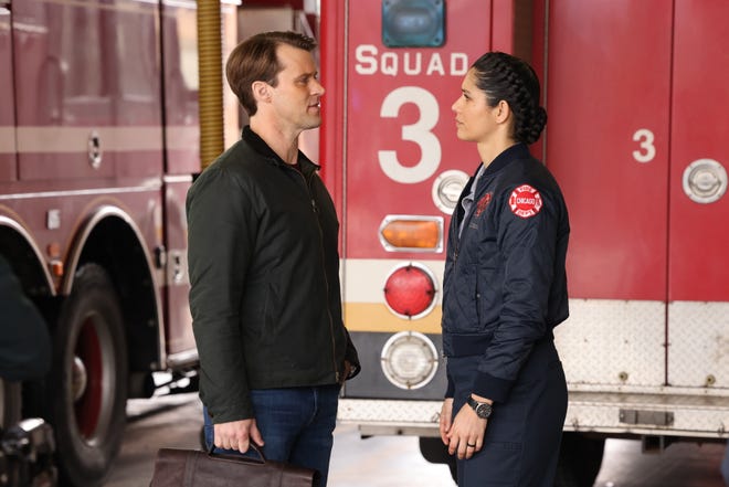 (L-R) Matthew Casey (Jesse Spencer) has official "Chicago Fire" business with Stella Kidd (Miranda Rae Mayo).