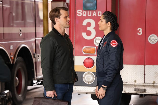 (L-R) Matthew Casey (Jesse Spencer) has official "Chicago Fire" business with Stella Kidd (Miranda Rae Mayo).