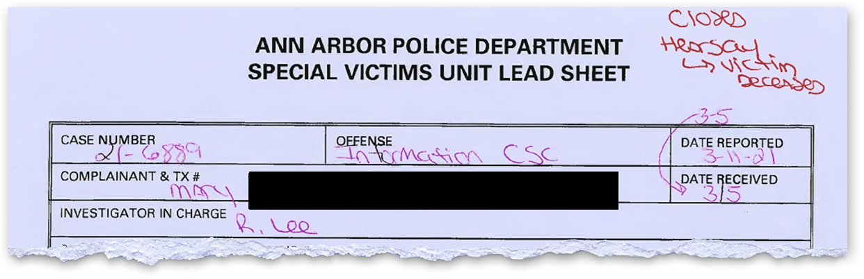 A handwritten note on the Ann Arbor Police Department’s Special Victims Unit lead sheet for Quinn Moffett’s case simply reads, “closed, hearsay, victim deceased.”