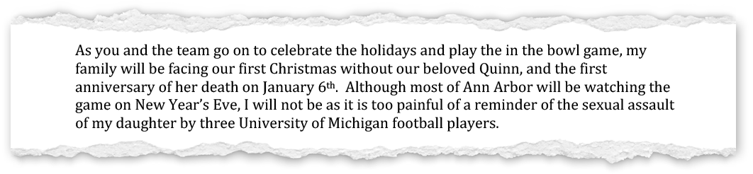Mary Moffett wrote a second letter to University of Michigan football coach Jim Harbaugh after seeing one of the players who was present the night of her daughter’s alleged sexual assault playing for the Wolverines in a big game.