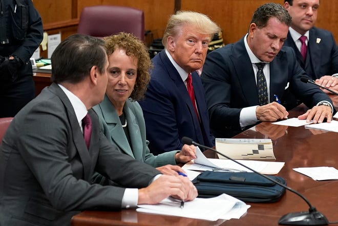 Former President Donald Trump sits at the defense table with his legal team in a Manhattan court on April 4, 2023, in New York.