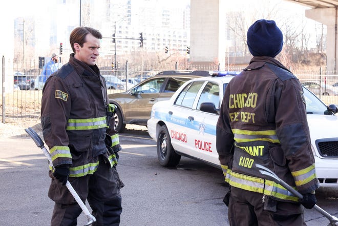 (l-r) Matthew Casey (Jesse Spencer) takes a shift on Chicago Fire with the crew and Stella Kid (Miranda Rae Mayo).