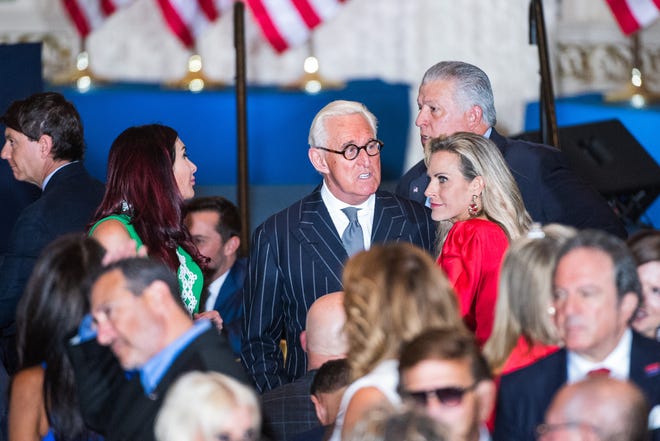 Political consultant Roger Stone, seen here at Mar-A-Lago on April 4, 2023, said he agrees that former President Donald Trump has taken the actions of Gov. Ron DeSantis as a personal affront.