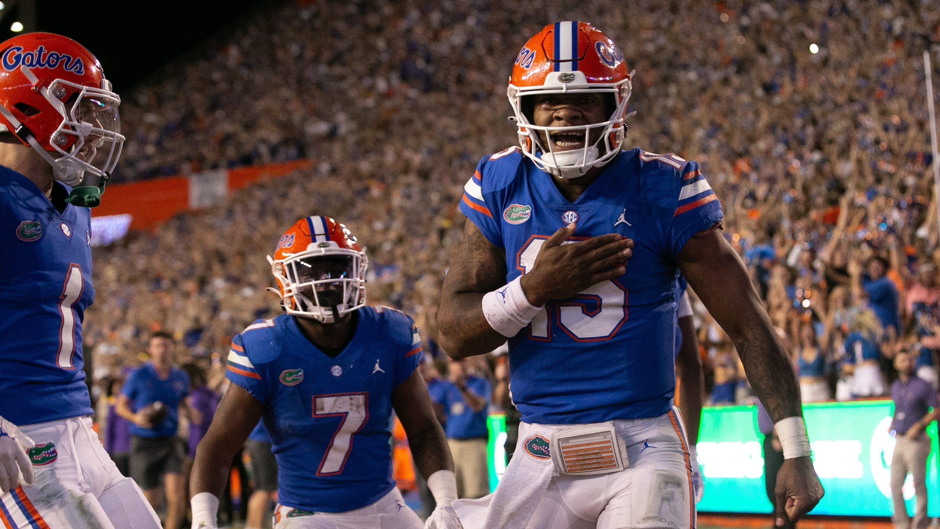 Florida Gators quarterback Anthony Richardson (15) celebrates after diving into the end zone for a touchdown in the second half against LSU at Steve Spurrier Field at Ben Hill Griffin Stadium in Gainesville, FL on Saturday, October 15, 2022.