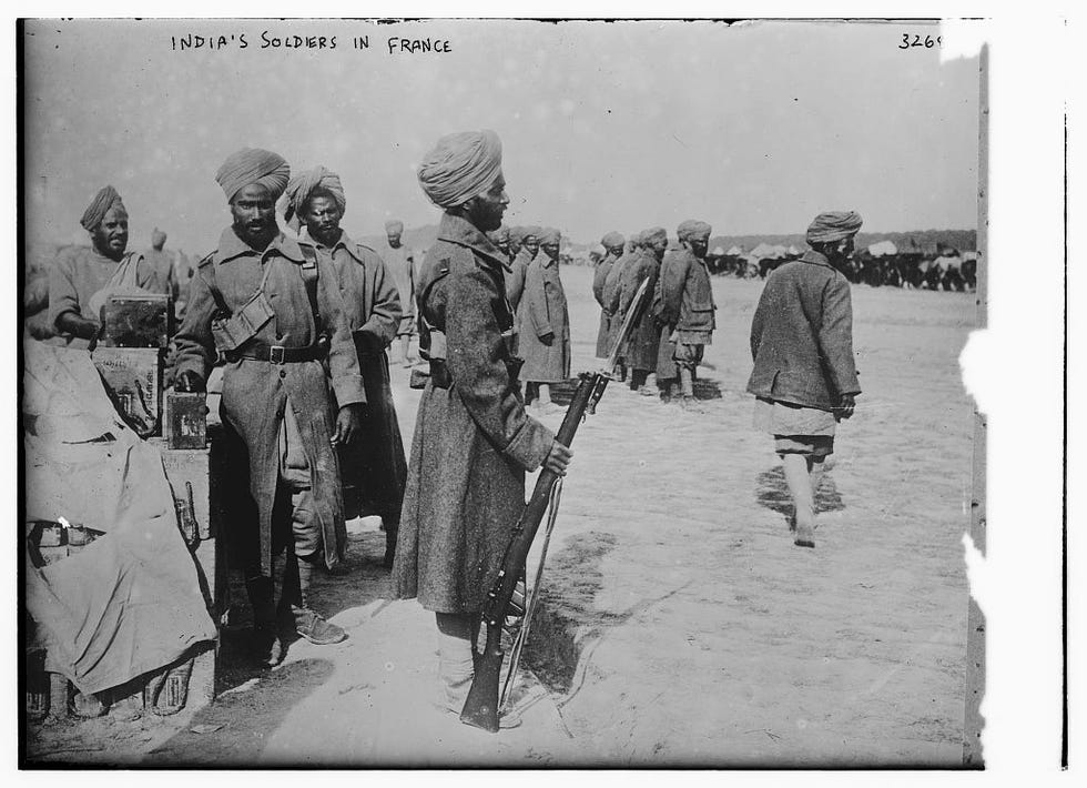 Photograph shows Indian soldiers who served during World War I in France. In Egypt on the Eastern Front, Sikh Indian soldiers fought alongside the British Expeditionary Forces, providing a significant aiding force to the war effort.