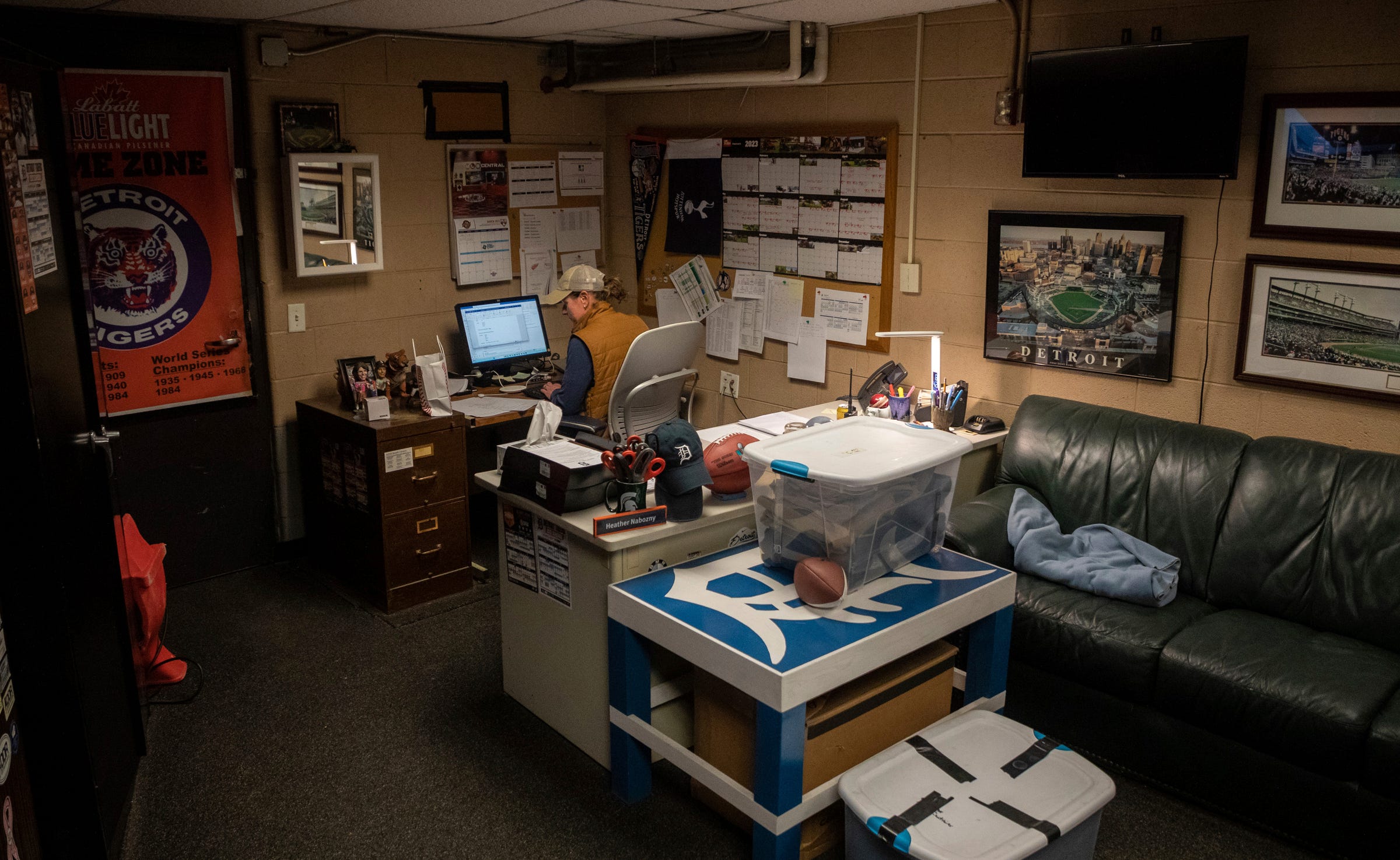 Heather Nabozny, the head groundkeeper for the Detroit Tigers, sits in her office during the Detroit Tigers' Opening Day at Comerica Park in Detroit on Thursday, April 6, 2023.