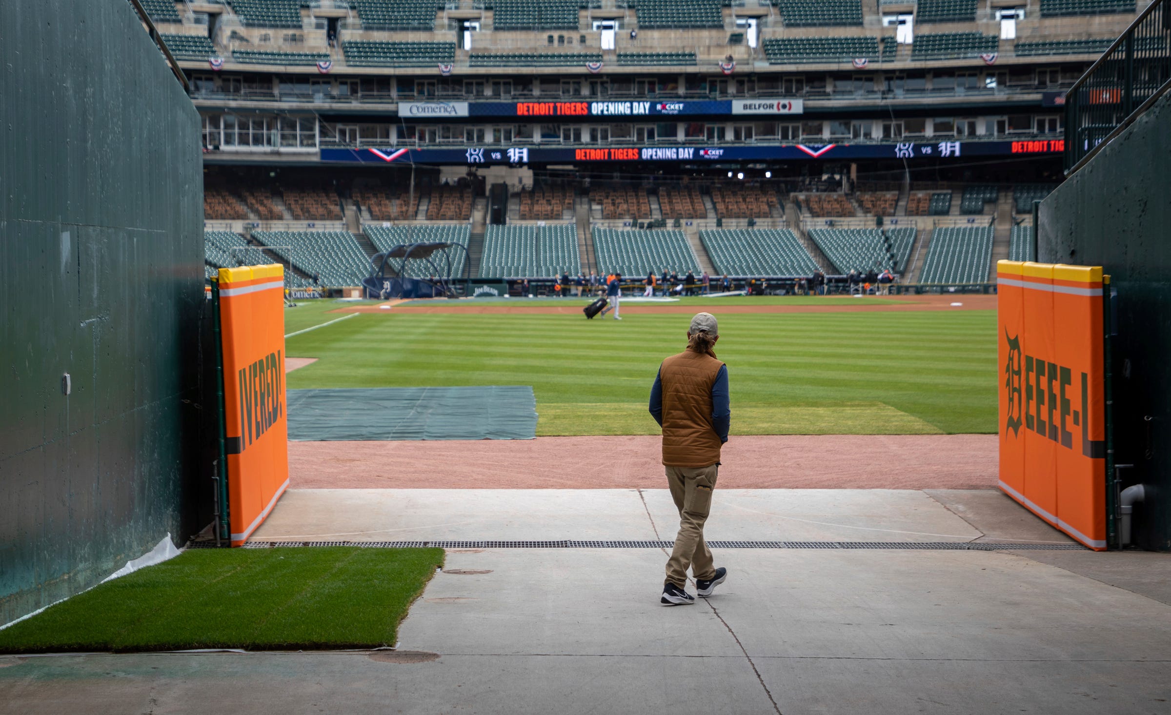 Heather Nabozny, the head groundkeeper for the Detroit Tigers, looks out towards the field during the Detroit Tigers' Opening Day at Comerica Park in Detroit on Thursday, April 6, 2023.