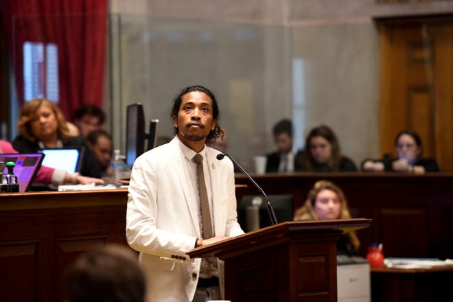 Justin Jones, D-Nashville, speaks ahead of a vote to expel him from the House of Representatives at the Tennessee State Capitol in Nashville, Tenn., on Thursday, April 6, 2023. 