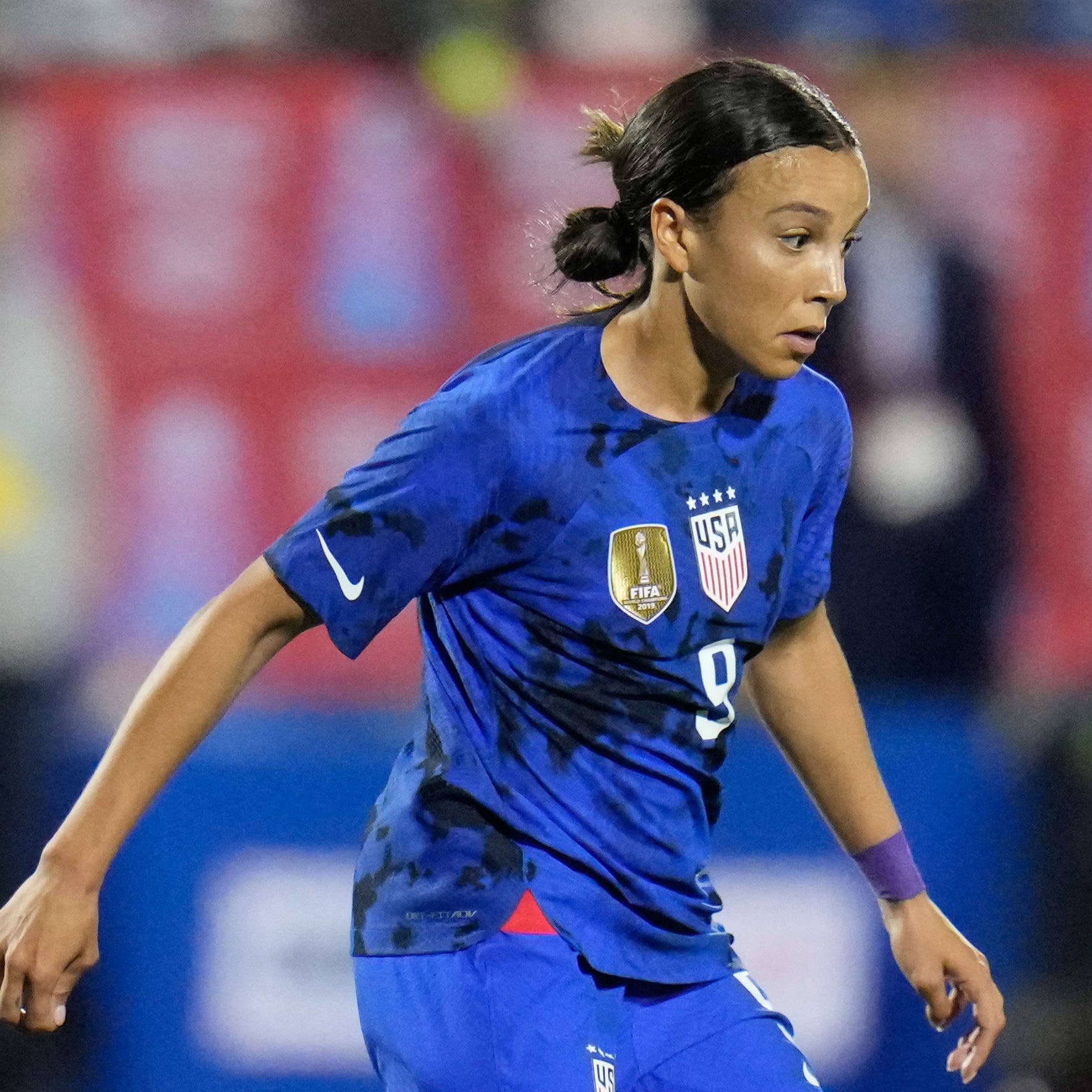 FUnited States of America forward Mallory Swanson (9) against Brazil during the second half at Toyota Stadium.