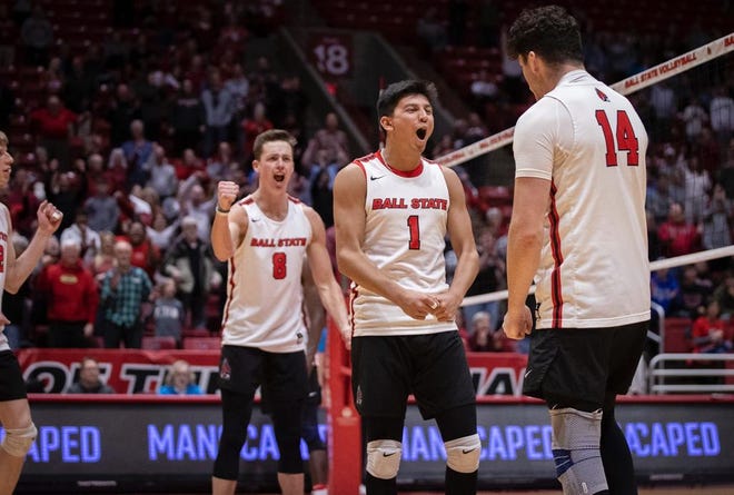 (From L to R): Ball State men's volleyball's Vanis Buckholz, David Flores and Dyer Ball celebrate a point in the team's match against Ohio State in Worthen Arena on Wednesday, March 15, 2023.