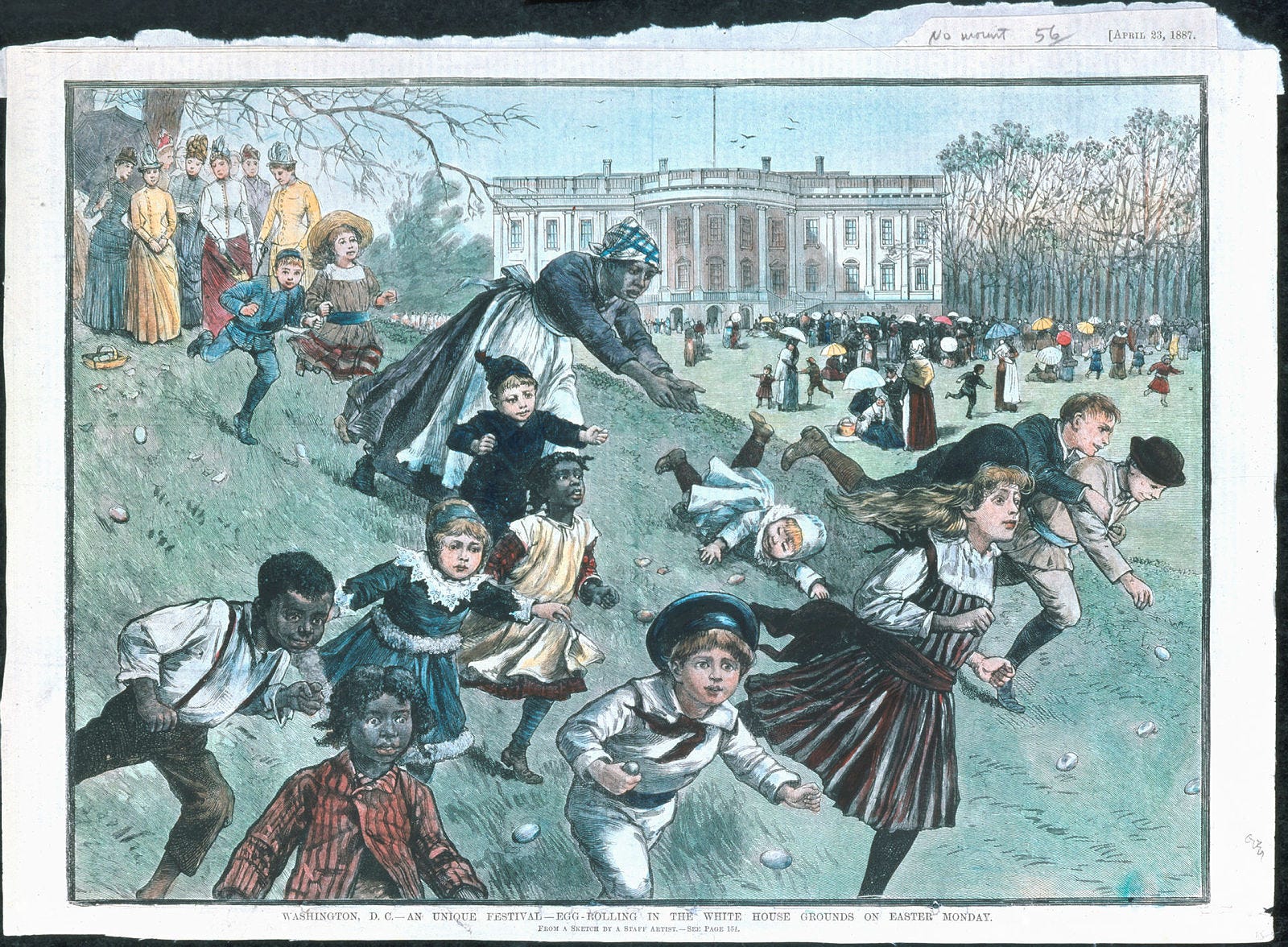 In this engraving dated April 23, 1887, children chase after Easter eggs during the annual White House Easter Egg Roll. The engraving was published in Frank Leslie's Illustrated Newspaper. Dating back to 1878, the Easter Egg Roll is a cherished springtime tradition in Washington, D.C., with children and their families gathering on the South Lawn to enjoy the annual festivities.
