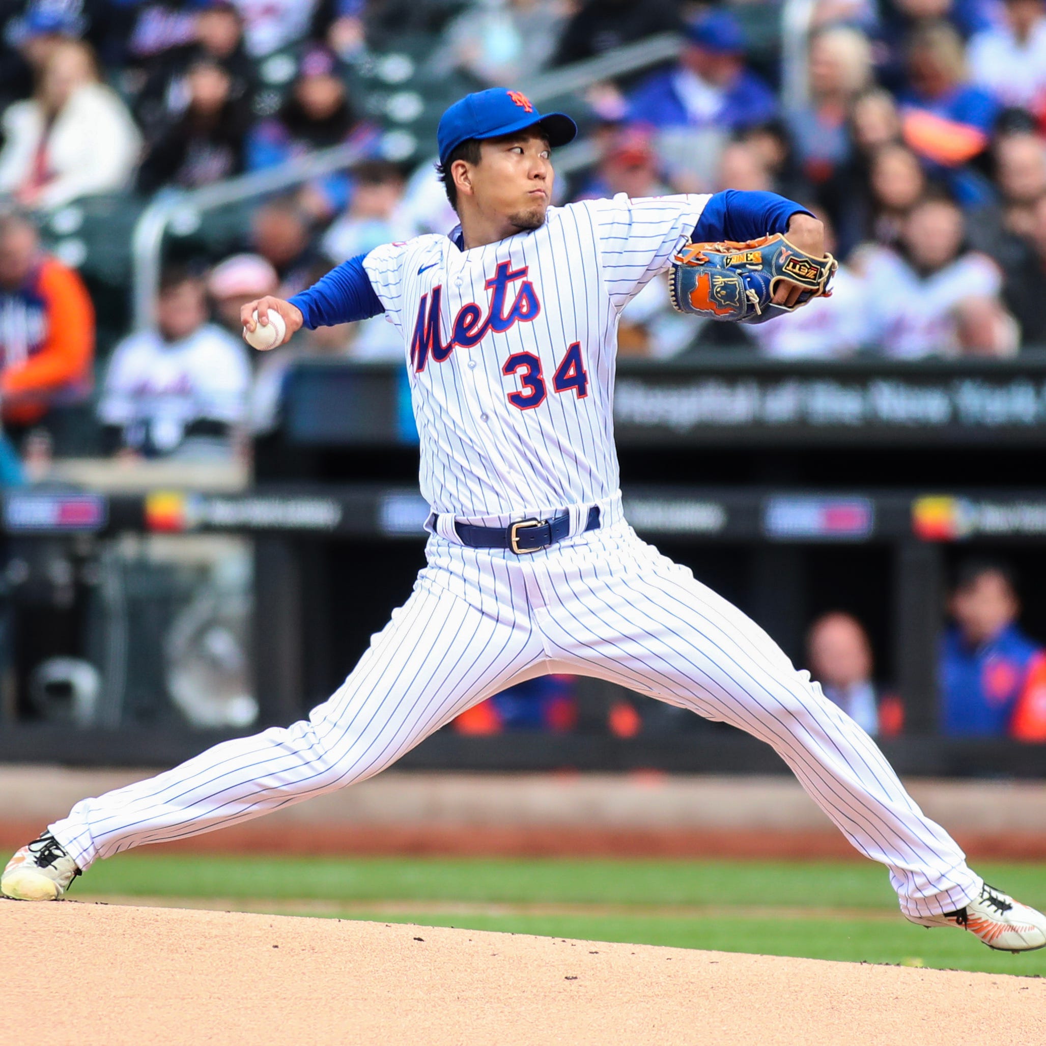 New York Mets starting pitcher Kodai Senga (34) pitches in the first inning against the Miami Marlins at Citi Field.