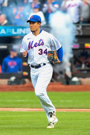 New York Mets starting pitcher Kodai Senga (34) takes the field against the Miami Marlins on April 8, 2023, at Citi Field.