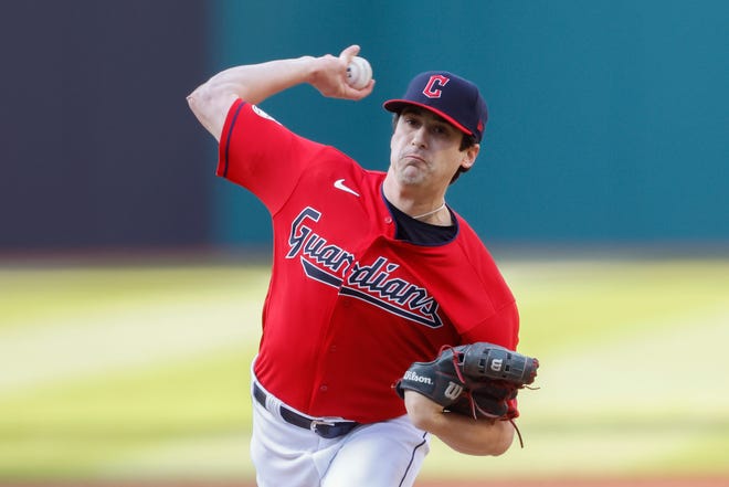 Cleveland Guardians starting pitcher Cal Quantrill delivers against the Seattle Mariners during the first inning of a baseball game, Saturday, April 8, 2023, in Cleveland. (AP Photo/Ron Schwane)