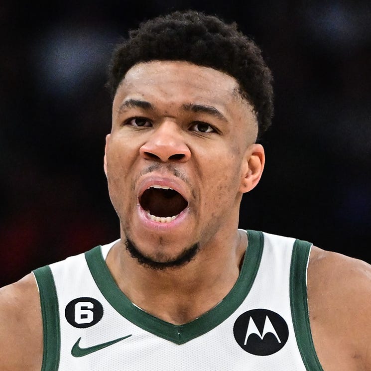 Milwaukee Bucks forward Giannis Antetokounmpo reacts during a game against the Philadelphia 76ers at Fiserv Forum.