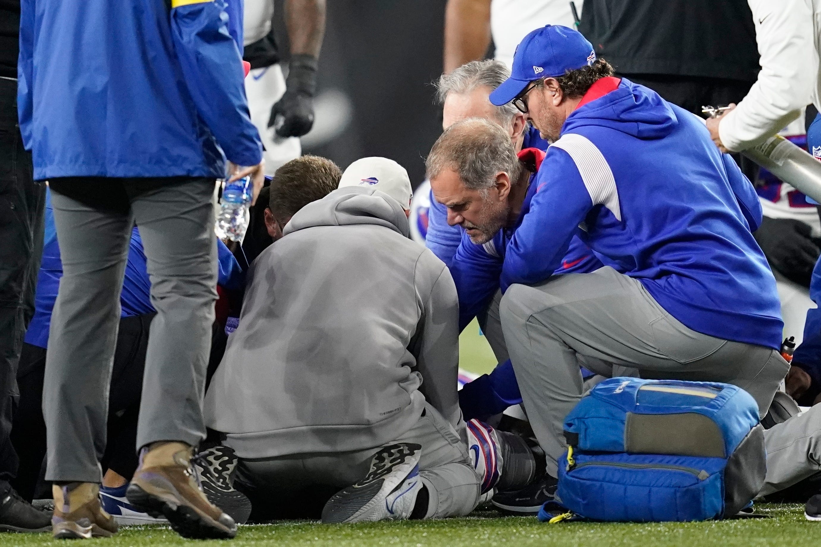 Buffalo Bills' Damar Hamlin collapsed during the first half of an NFL football game against the Cincinnati Bengals, Monday, Jan. 2, 2023, in Cincinnati.