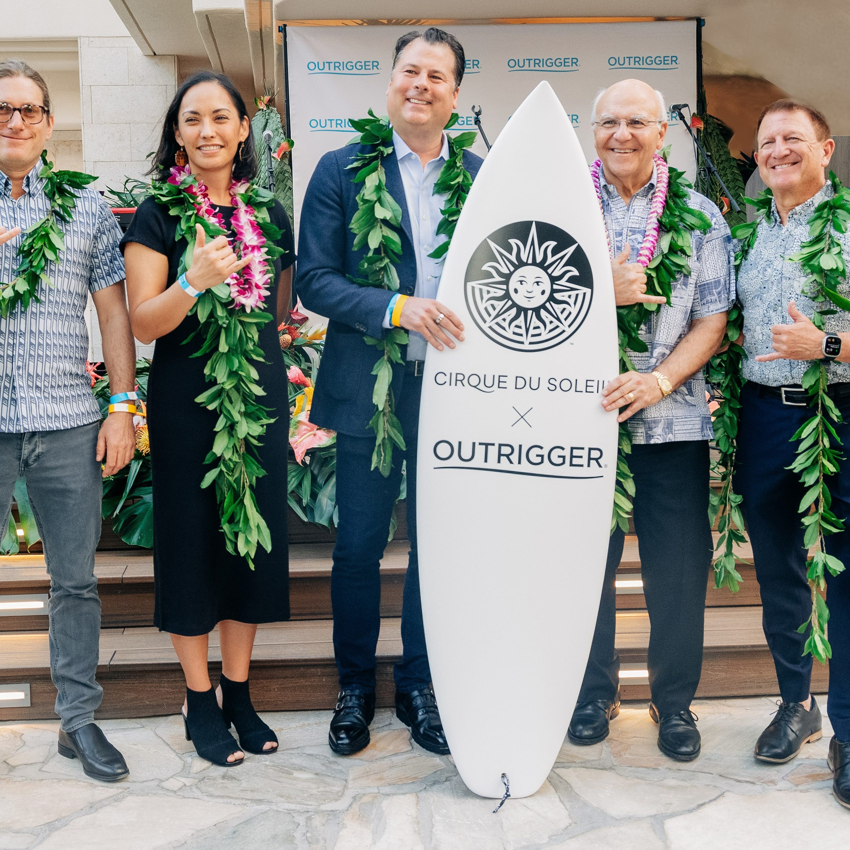 (L-R) Simon Painter, Creative Director at Cirque du Soleil; Makanani Salā, Executive Director of Honolulu Mayor's Office of Culture and the Arts; Eric Grilly, Cirque du Soleil President of Resident and Affiliate Shows; Honolulu Mayor Rick Blangiardi; Jeff Wagoner, President and CEO of Outrigger Hospitality Group
