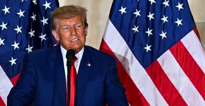 Former US president Donald Trump speaks during a press conference following his court appearance over an alleged 'hush-money' payment, at his Mar-a-Lago estate in Palm Beach, Florida, on April 4, 2023.