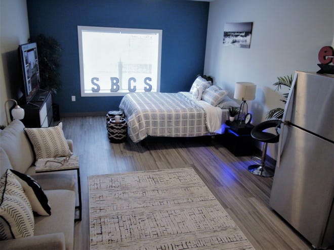 A furnished efficiency apartment at the Southbridge Community Service Building in Wilmington. Marva Hammond and Charlie Falletta developed the residential space to be affordable housing.