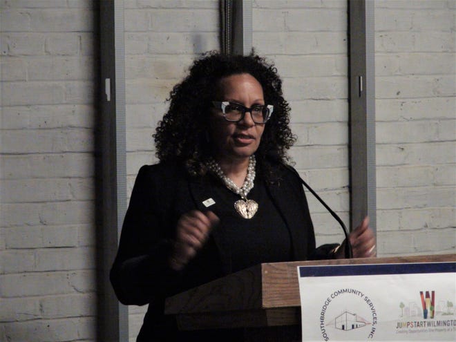 Marva Hammond speaking during the ribbon-cutting ceremony at the Southbridge Community Service Building in Wilmington, Thursday, March 30, 2023. Hammond and her father Charlie Falletta developed the residential space to be affordable housing.