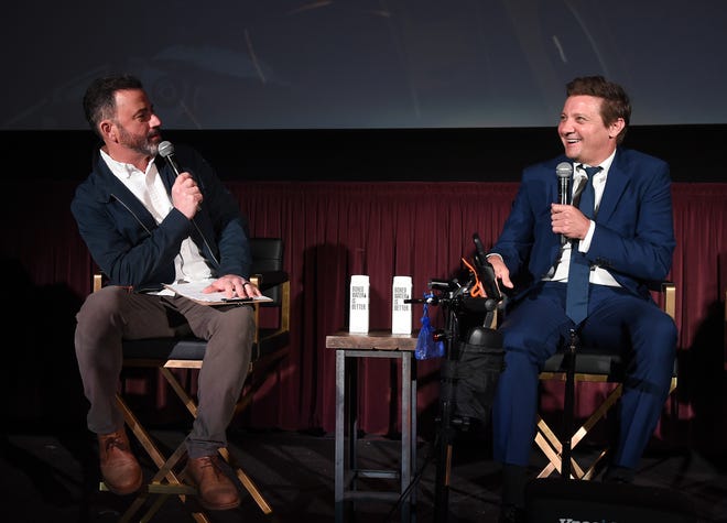 (L-R) Jimmy Kimmel and Jeremy Renner attend the world premiere of “Rennervations” at Westwood Regency Village Theatre.