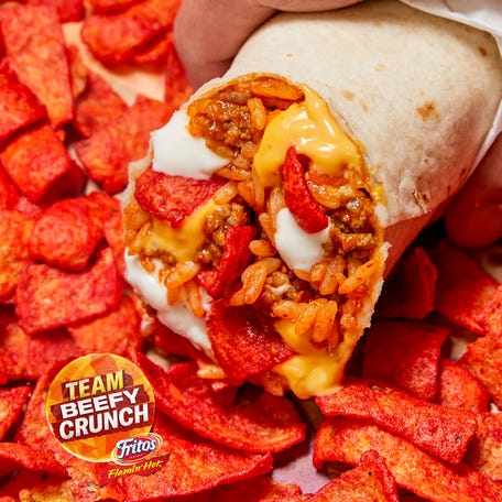 The Beefy Crunch Burrito won Taco Bell's fan favorite vote for which menu item to return to its menu in August 2023. The burrito is made with seasoned beef, seasoned rice, nacho cheese sauce, reduced-fat sour cream – and gets its crunch from Fritos Flamin' Hot Flavored Corn Chips. The burrito, removed from the menu a year later, hasn't been available since 2018, the last of several limited runs over the decade.
