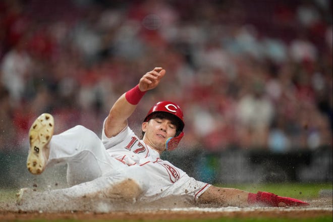Cincinnati Reds left fielder Stuart Fairchild (17) scores on a Wil Myers in the fifth inning of the MLB National League game between the Philadelphia Phillies and the Cincinnati Reds at Great American Ball Park in downtown Cincinnati on Thursday, April 13, 2023.