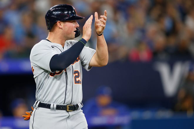 Detroit Tigers' Spencer Torkelson applauds after scoring on a Jake Rogers RBI-double in eighth-inning baseball game action against the Toronto Blue Jays in Toronto, Thursday, April 13, 2023.