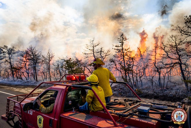 The New Jersey Forest Fire Service battling a 1,607-acre wildfire in Little Egg Harbor Township on April 15, 2023.