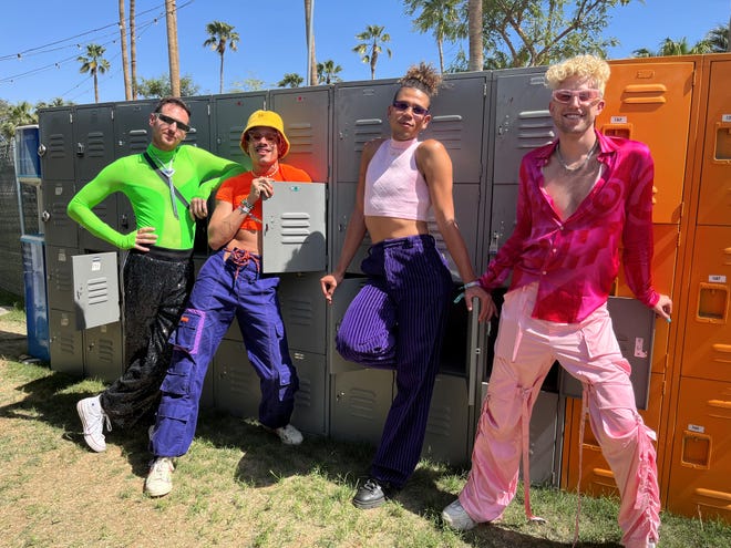 Bob's Dance Shop in the media area at the Coachella Valley Music and Arts Festival on April 15, 2023. From left, Coco, Lucas, Kameron with a K and Lito.