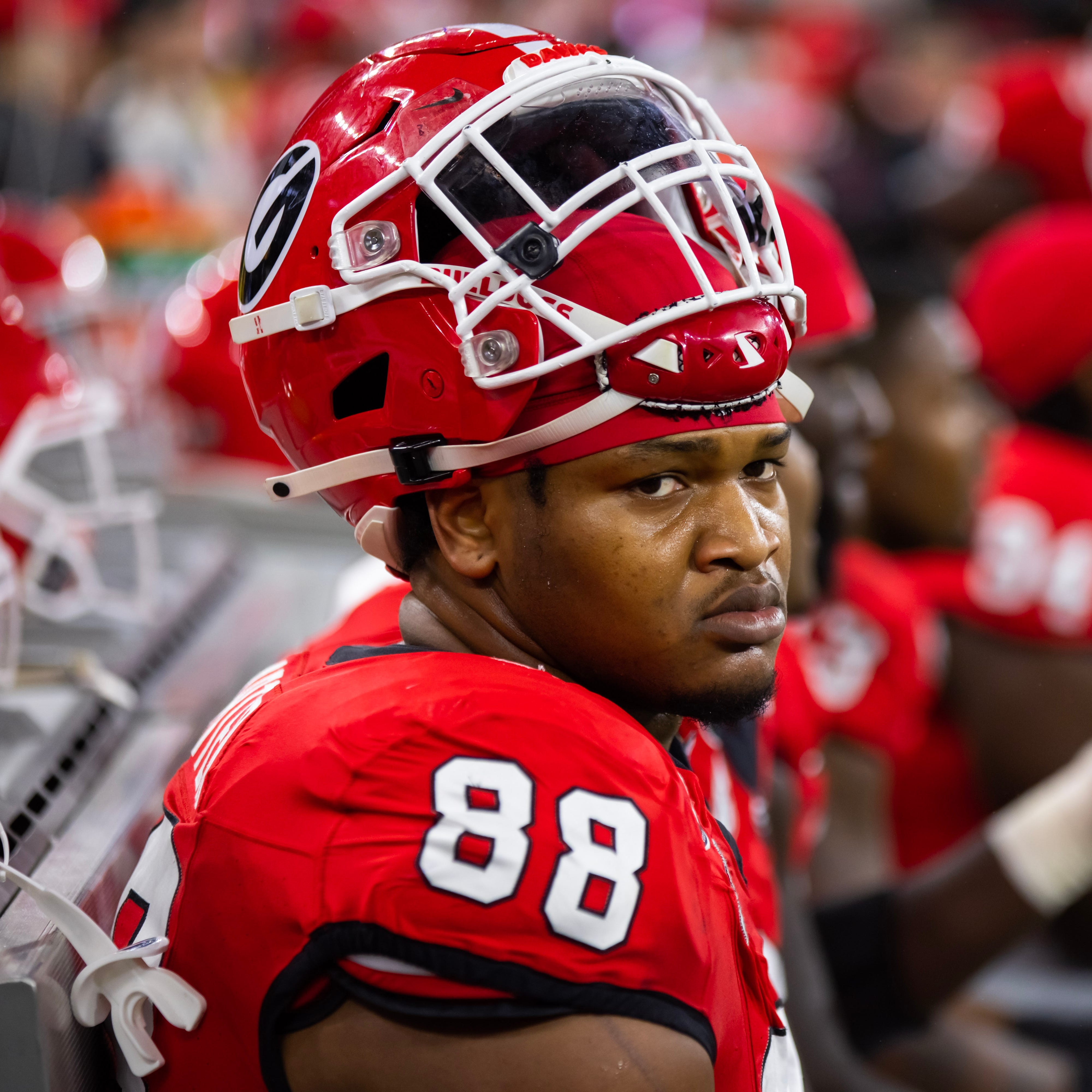 Georgia Bulldogs defensive lineman Jalen Carter (88) against the TCU Horned Frogs during the CFP national championship game at SoFi Stadium.