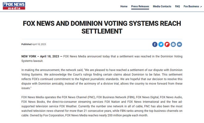 Fox News statement following Tuesday's $787.5 million settlement with Dominion Voting Systems.