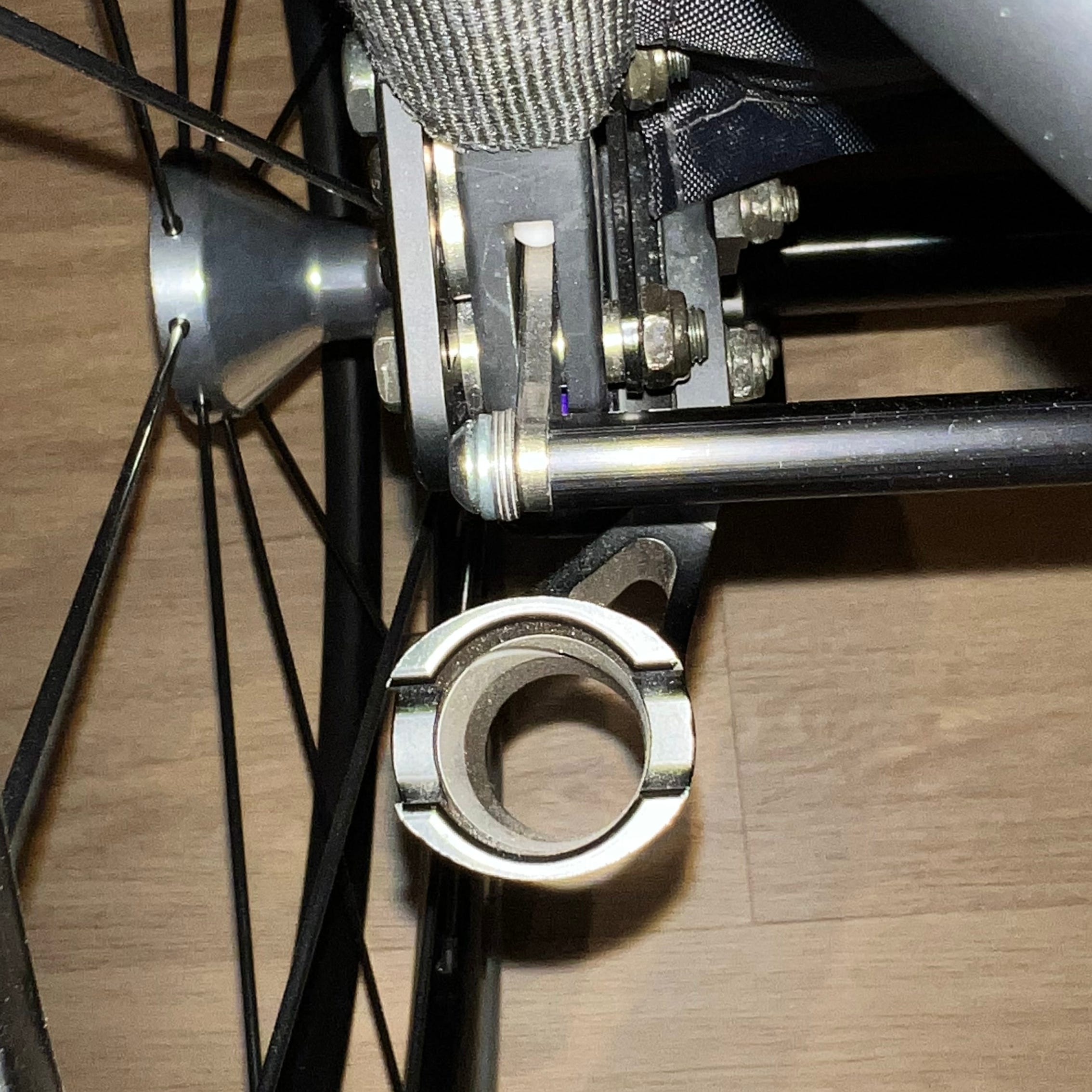 Heather Bennett's wheelchair backrest release bar after improper repairs were carried out in 2022.