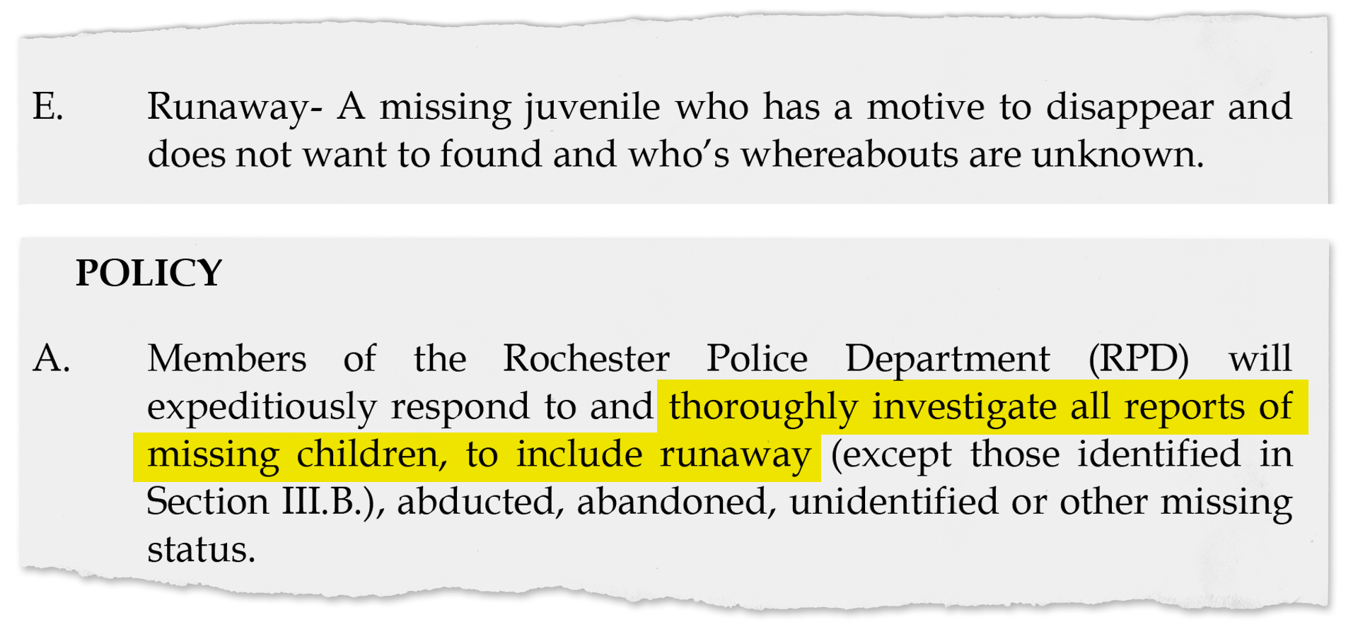 A general order in force at the Rochester Police Department at the time Domonique Holley-Grisham disappeared in 2009 gave officers instructions for investigating missing children.