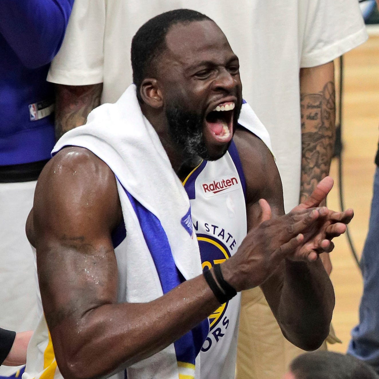 Golden State's Draymond Green reacts before he was ejected from the game after stomping on the chest of Sacramento's Domantas Sabonis.